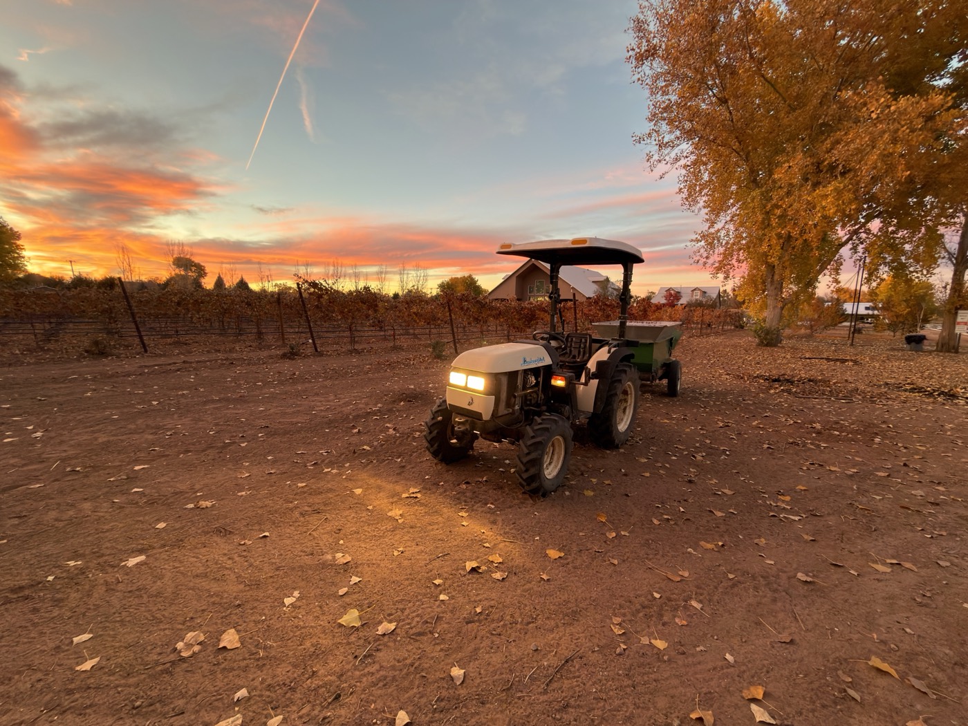 Tractor and spreader in the vineyard at a fiery sunset